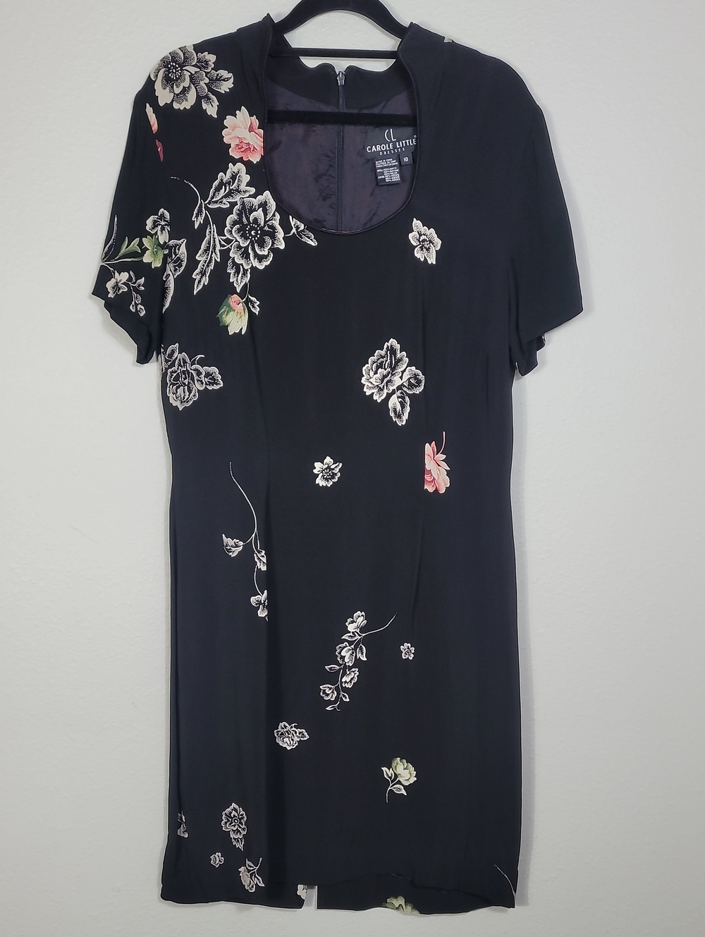 Carole Little Floral Scoop Neck Dress Size 10 Black 90s Y2K Rayon